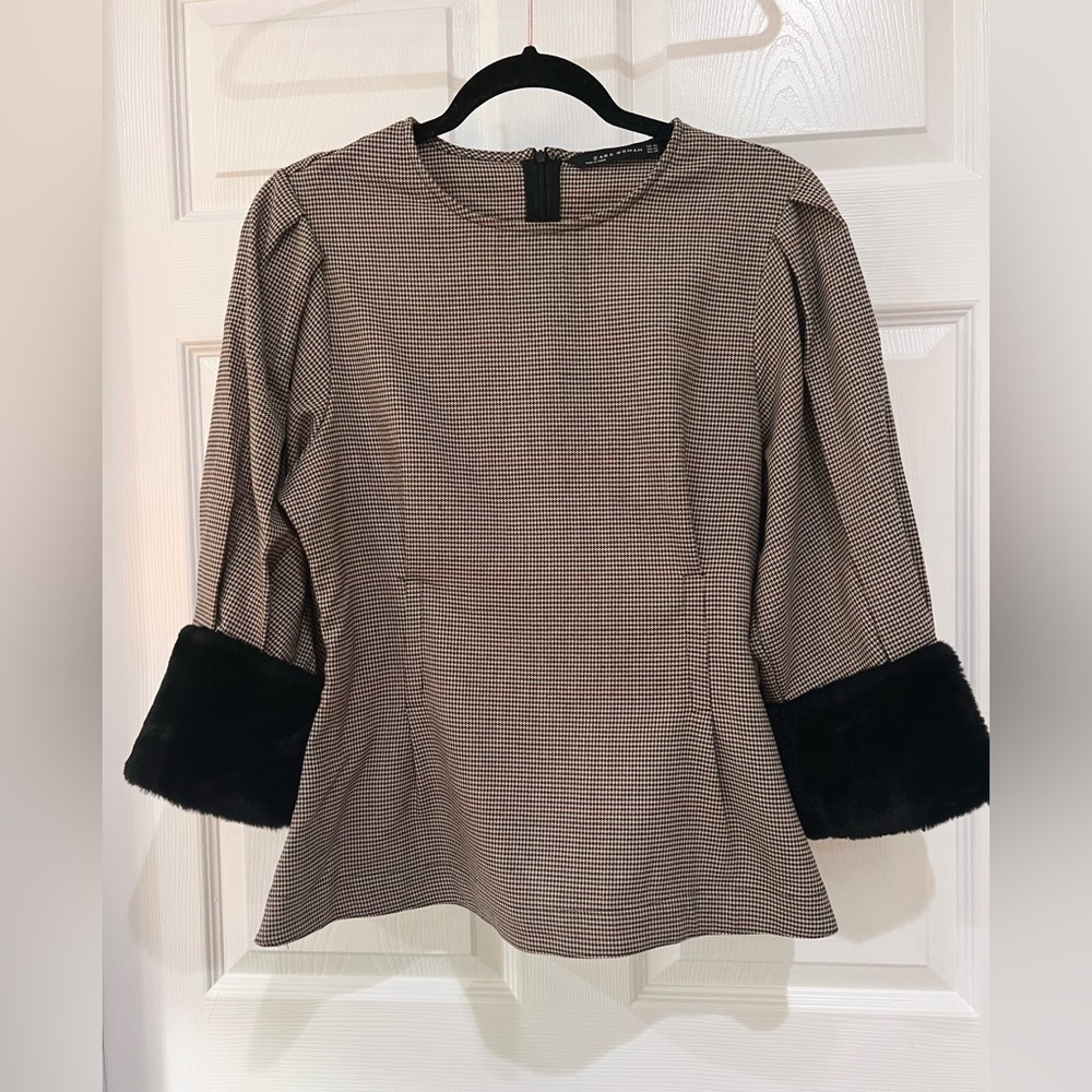 Zara Checked Faux Fur Cuff Tan Top SIZE XS